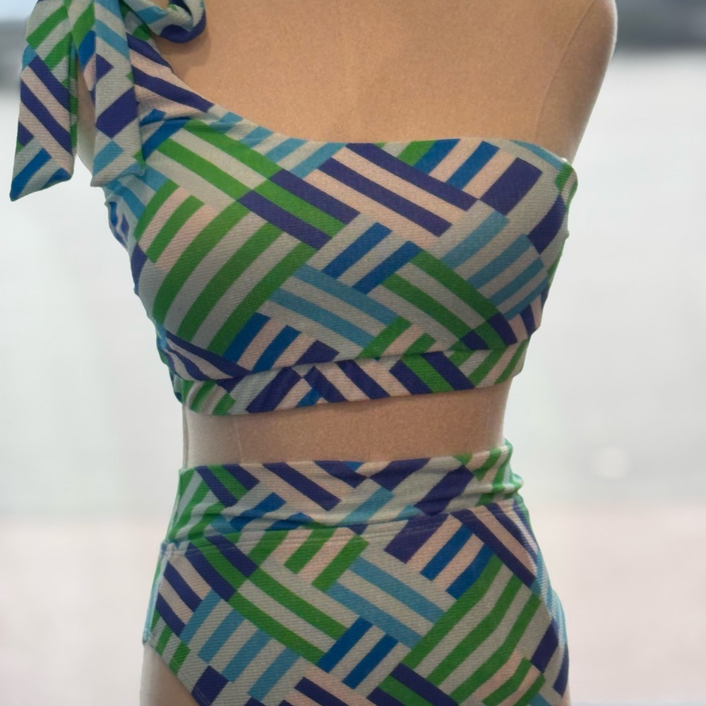 Stylish One-Shoulder Bikini Set - Blue and Green